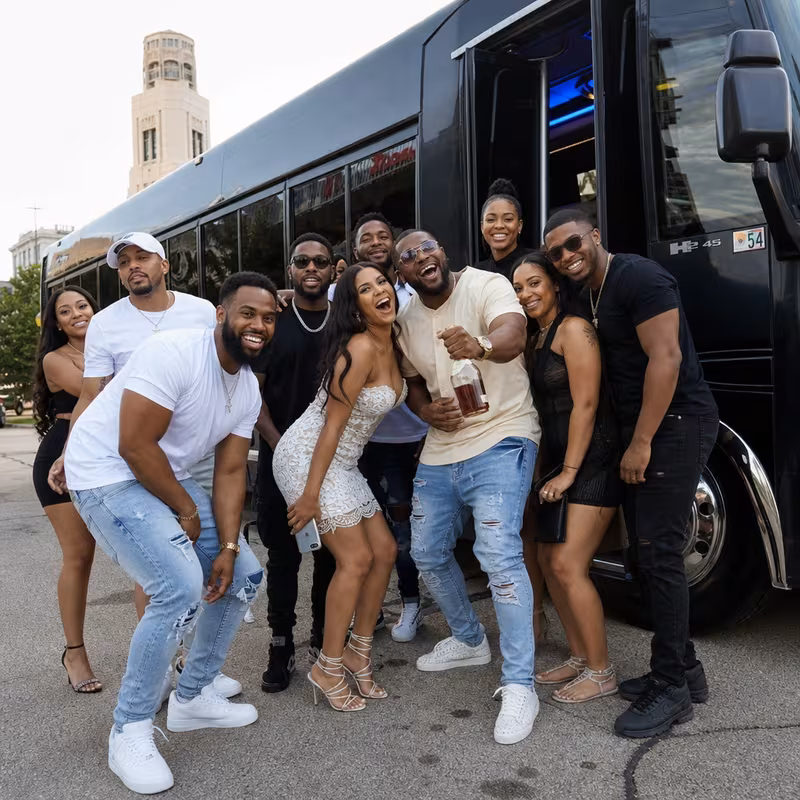 Group boarding a white charter bus for Birthday Transportation transportation in Lancaster