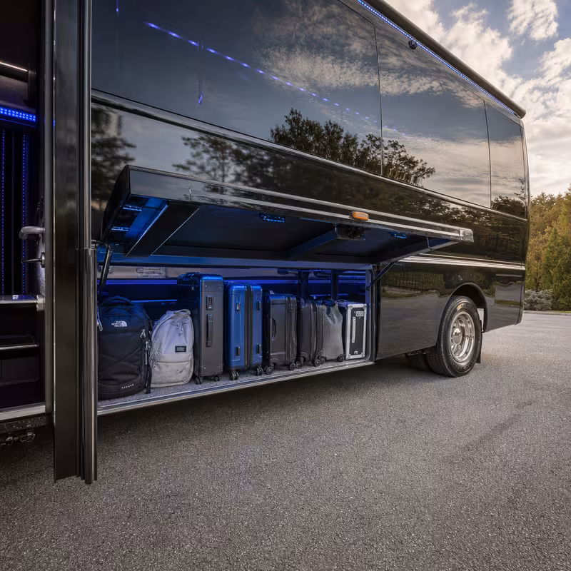Party bus interior with wraparound leather seating and LED lighting in Lancaster
